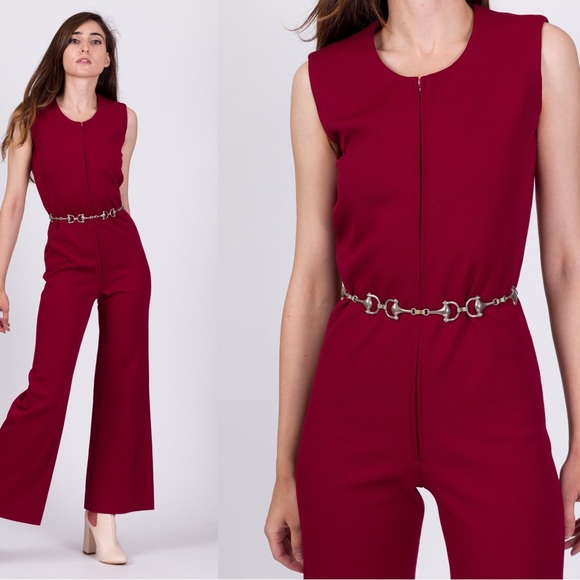 Womens vintage wine red disco flare jumpsuit size XS or small - Picture 1 of 5